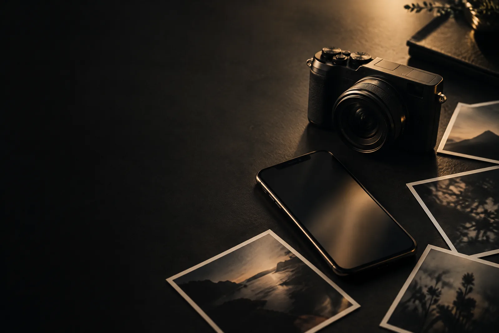 Smartphone, camera and creative materials representing social media content