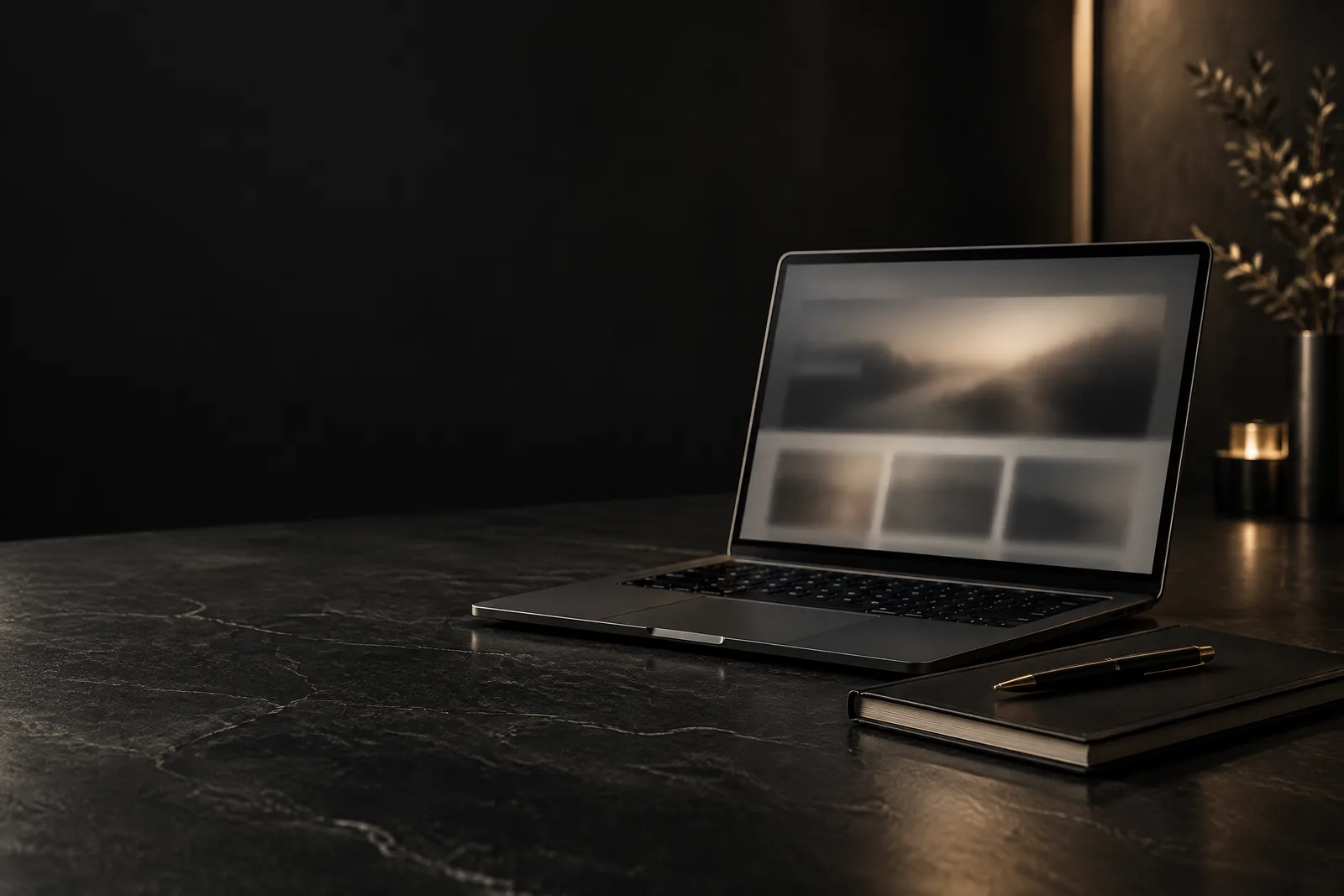 Laptop and notebook on a dark desk representing website design and development
